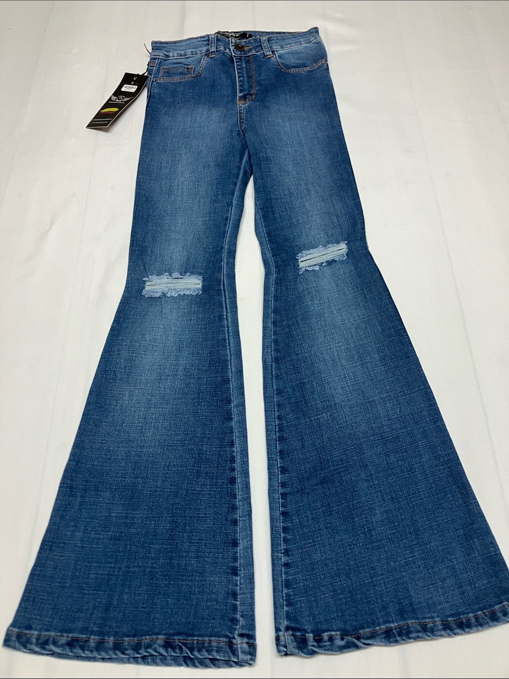 Angels Women's Medium Blue Flare Jeans with Knee Rips